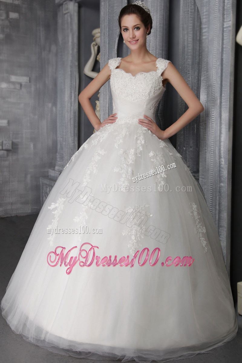 Beaded Lace Wide Straps Bridal Dress Decorated by Floral Appliques