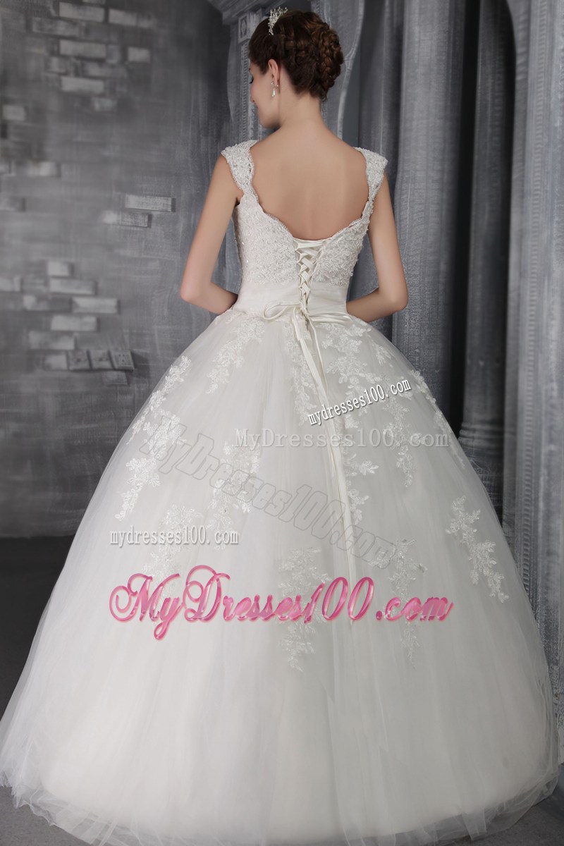 Beaded Lace Wide Straps Bridal Dress Decorated by Floral Appliques