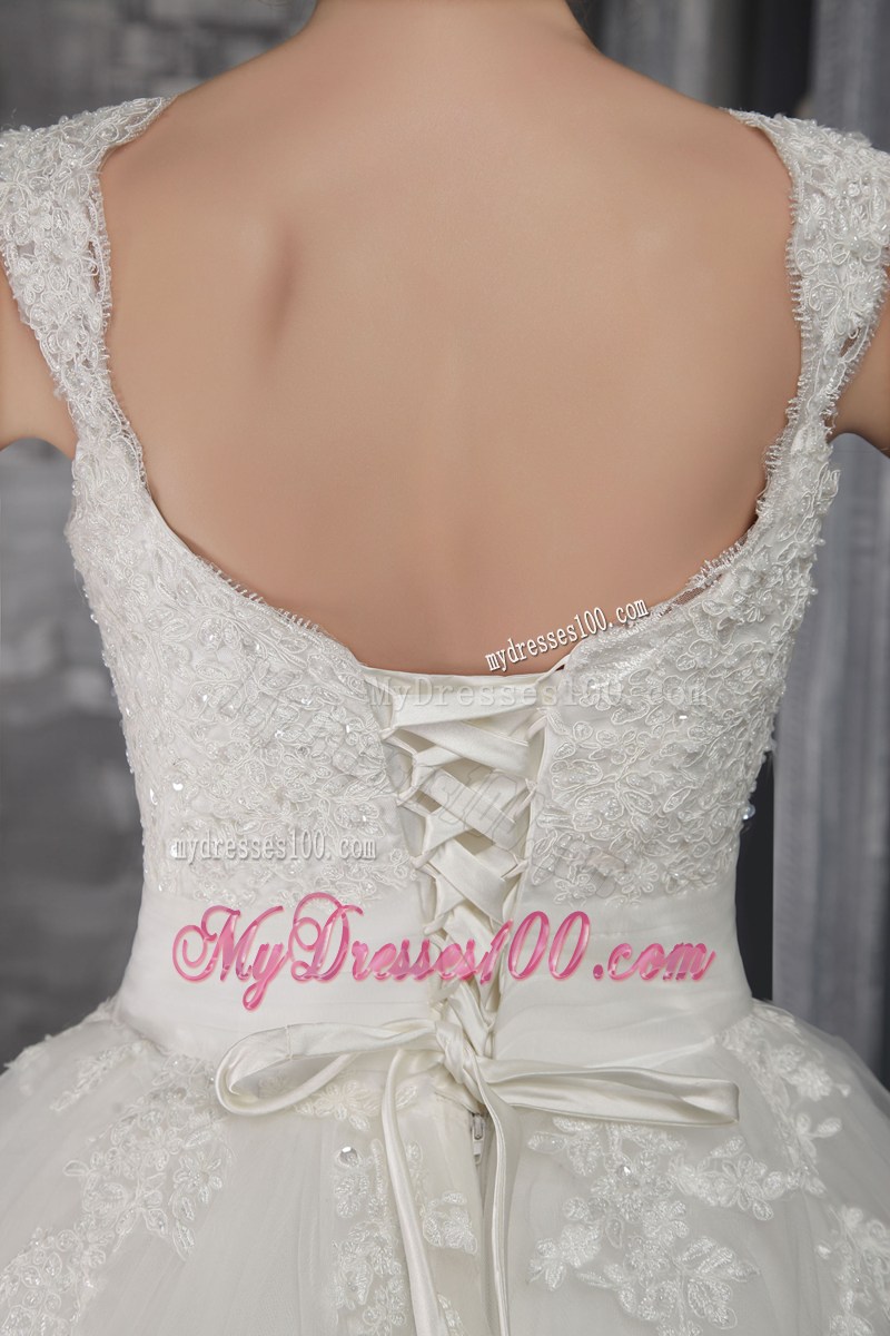 Beaded Lace Wide Straps Bridal Dress Decorated by Floral Appliques