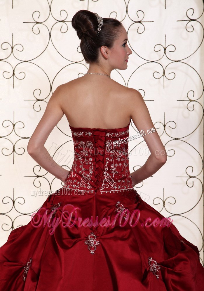 Embroidery and Pick-ups Decorate Long Bridal Gown in Wine Red