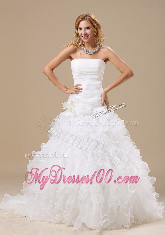 Exquisite A-line Court Train Lace-up Wedding Dress with Ruffles