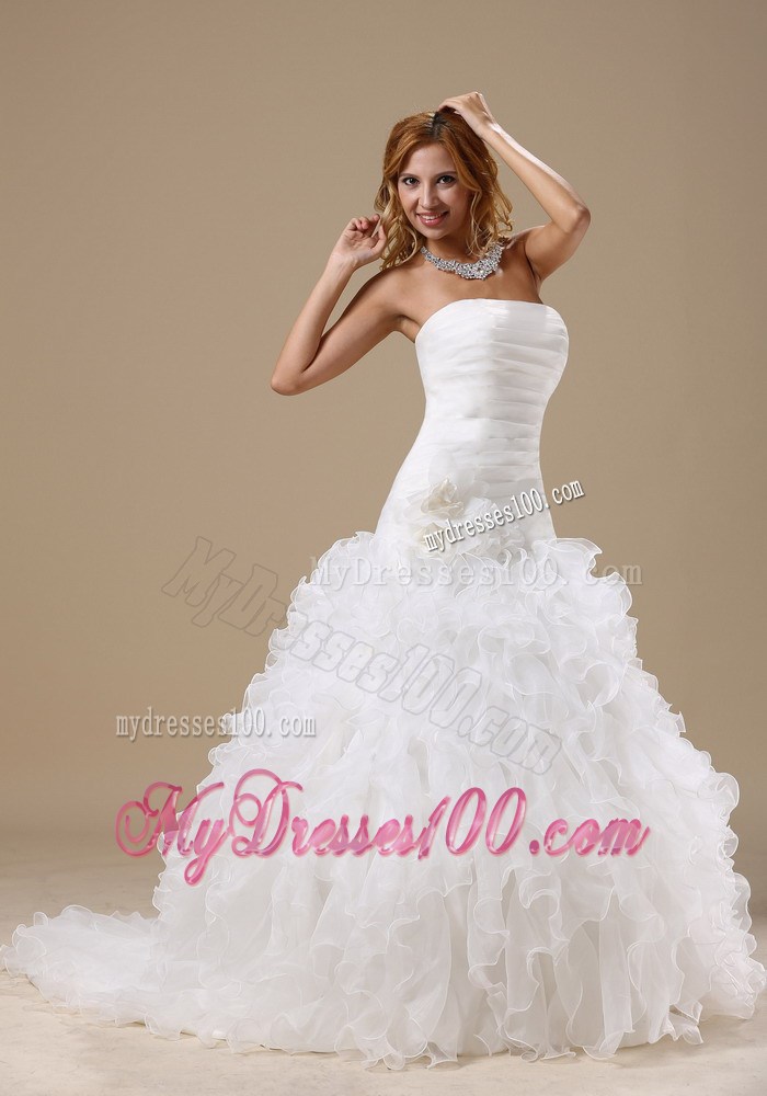Exquisite A-line Court Train Lace-up Wedding Dress with Ruffles