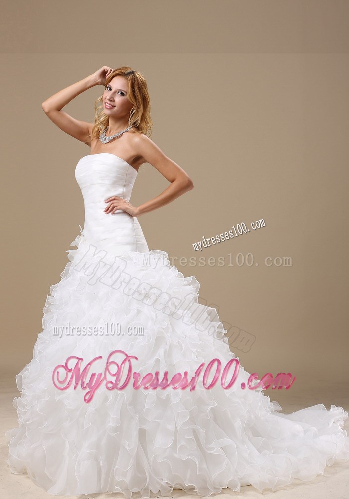 Exquisite A-line Court Train Lace-up Wedding Dress with Ruffles