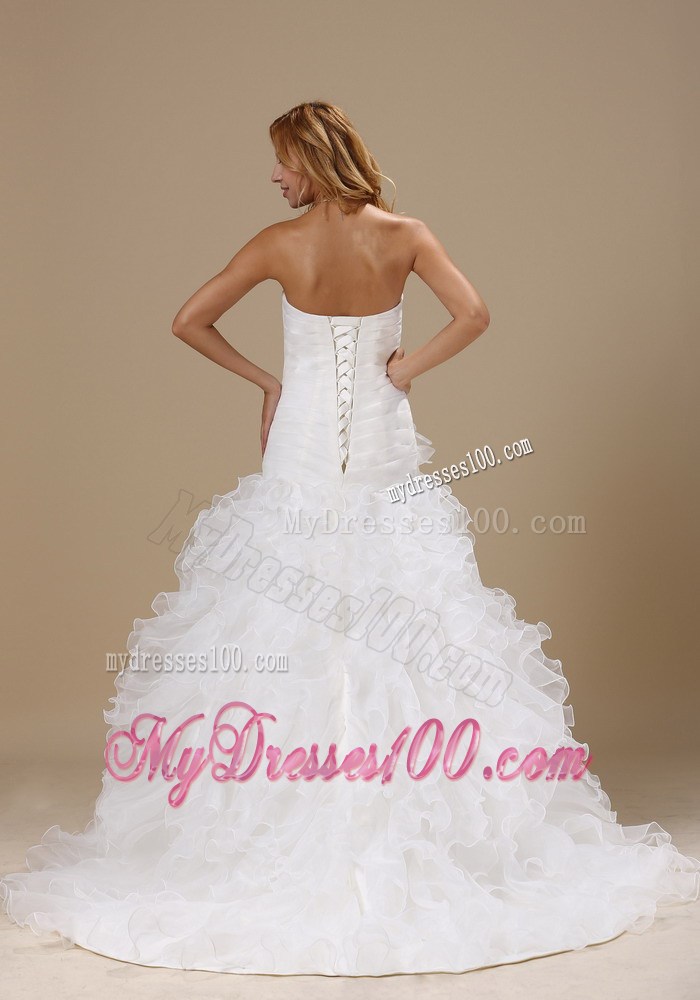 Exquisite A-line Court Train Lace-up Wedding Dress with Ruffles
