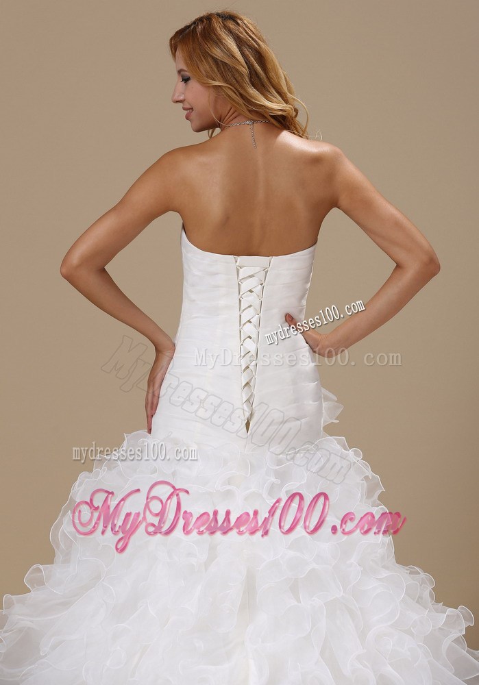 Exquisite A-line Court Train Lace-up Wedding Dress with Ruffles