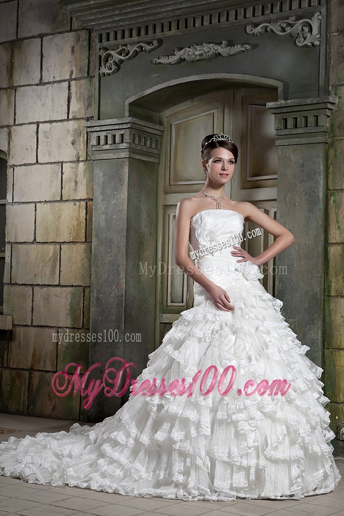 Hand Made Flowers Ruched Court Train Bridal Dresses with Ruffled Layers