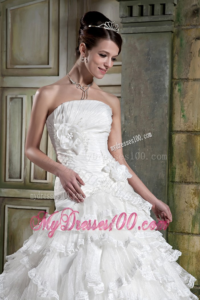 Hand Made Flowers Ruched Court Train Bridal Dresses with Ruffled Layers