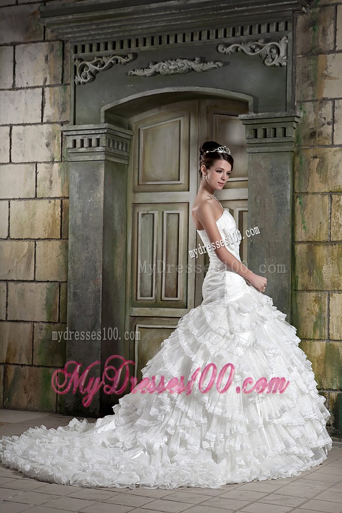Hand Made Flowers Ruched Court Train Bridal Dresses with Ruffled Layers