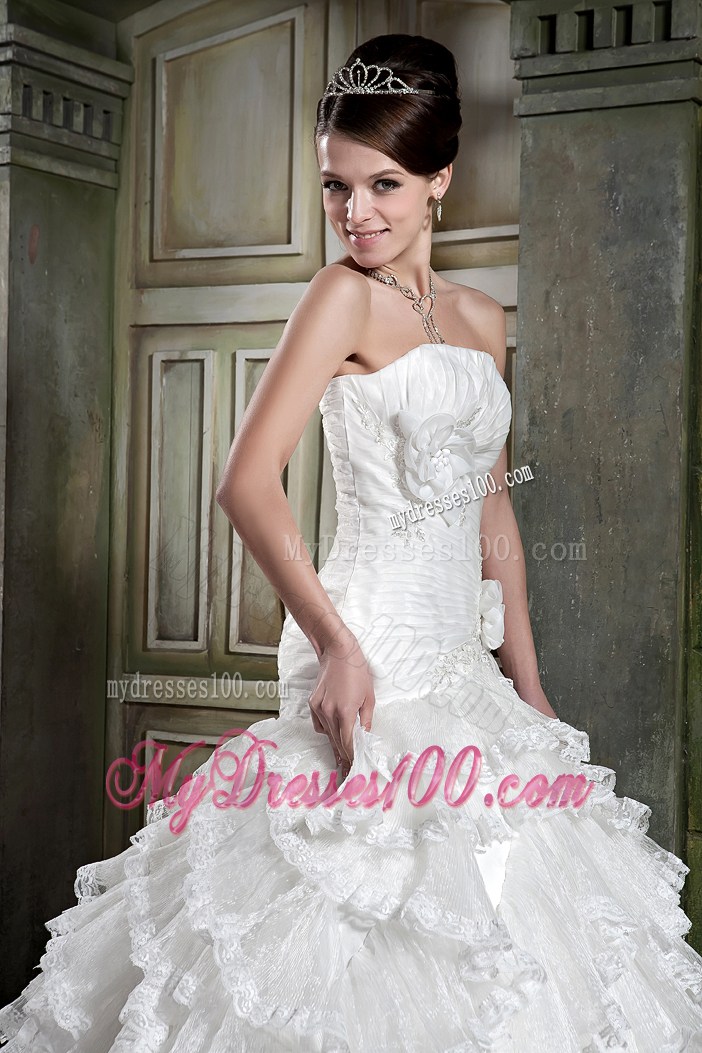 Hand Made Flowers Ruched Court Train Bridal Dresses with Ruffled Layers