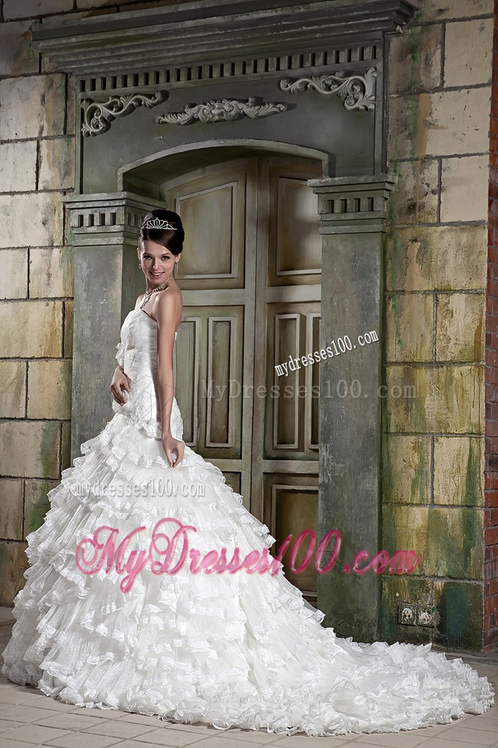 Hand Made Flowers Ruched Court Train Bridal Dresses with Ruffled Layers