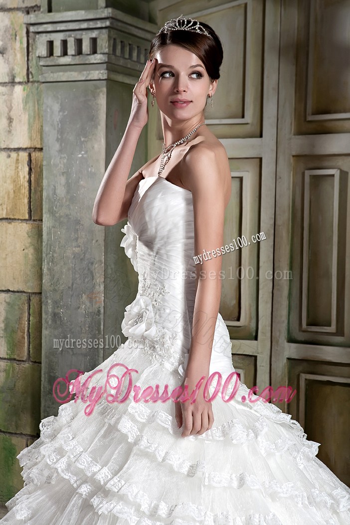Hand Made Flowers Ruched Court Train Bridal Dresses with Ruffled Layers