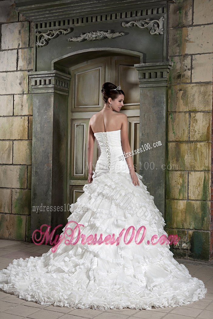 Hand Made Flowers Ruched Court Train Bridal Dresses with Ruffled Layers