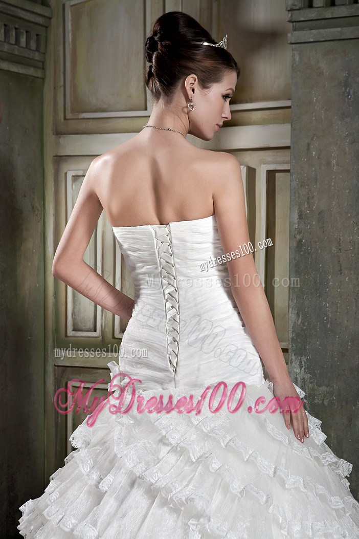 Hand Made Flowers Ruched Court Train Bridal Dresses with Ruffled Layers