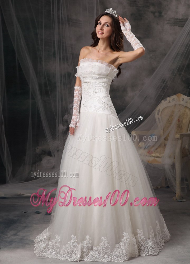 Lace Hem A-line Appliques White Wedding Gown Lace-up Back Floor-length