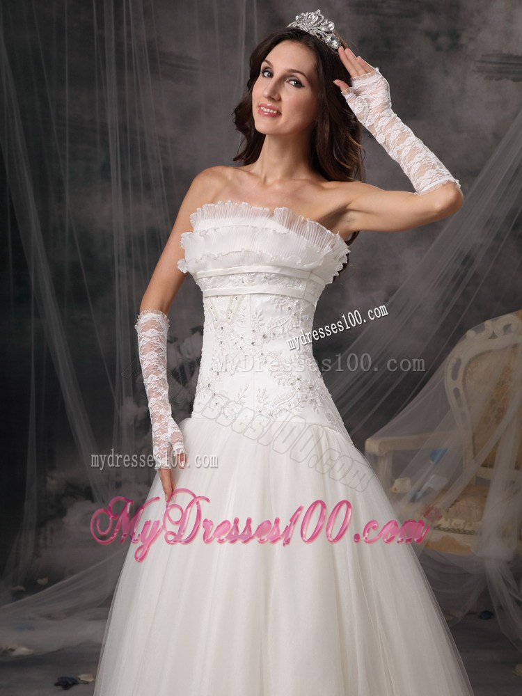 Lace Hem A-line Appliques White Wedding Gown Lace-up Back Floor-length