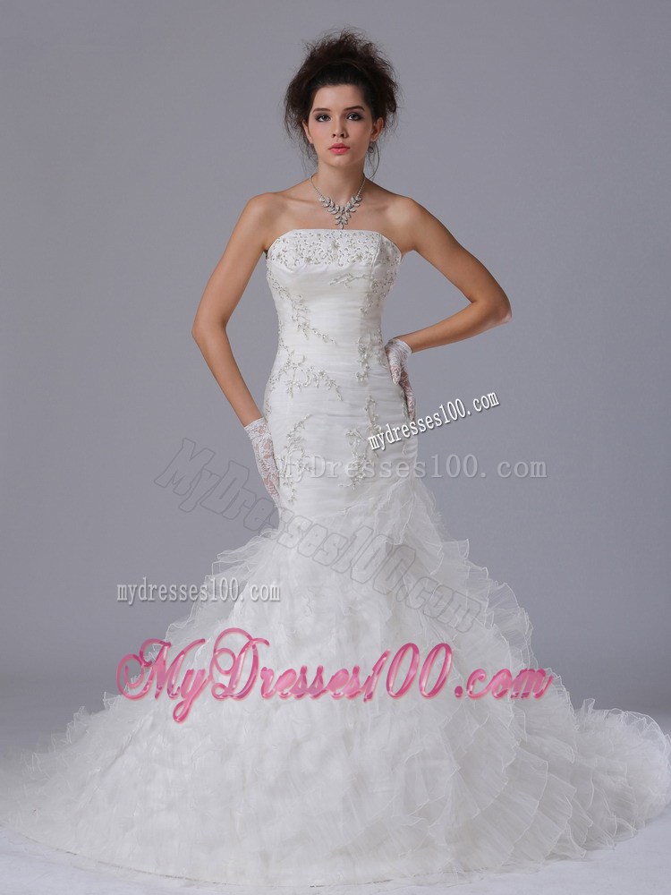 Embroidery with Beadings Decorated Ruffles Court Train Mermaid Wedding Dress