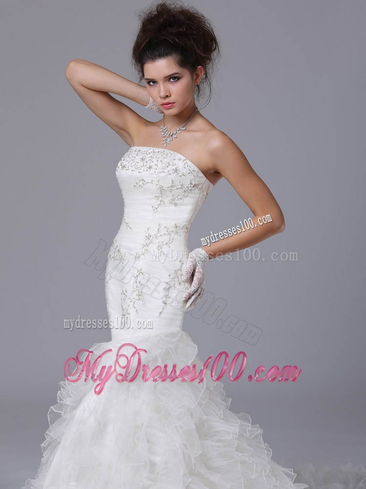 Embroidery with Beadings Decorated Ruffles Court Train Mermaid Wedding Dress
