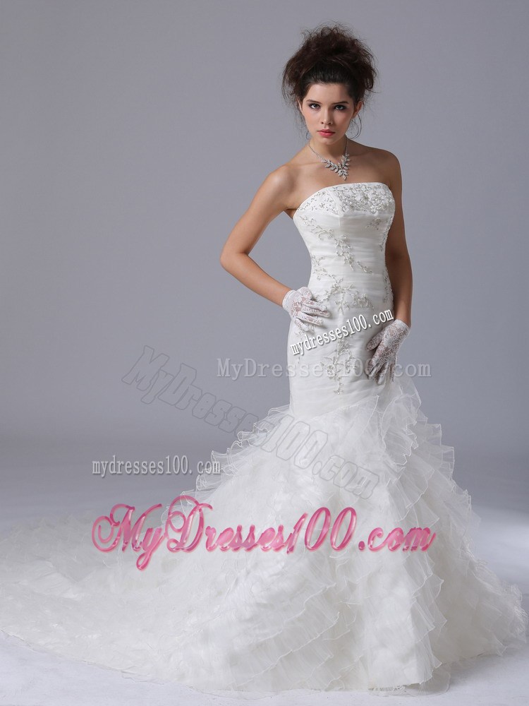 Embroidery with Beadings Decorated Ruffles Court Train Mermaid Wedding Dress