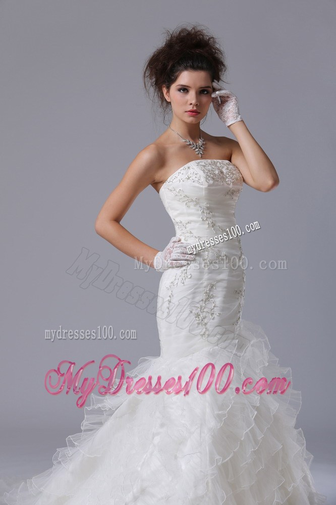 Embroidery with Beadings Decorated Ruffles Court Train Mermaid Wedding Dress