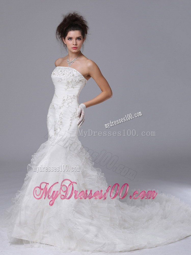 Embroidery with Beadings Decorated Ruffles Court Train Mermaid Wedding Dress