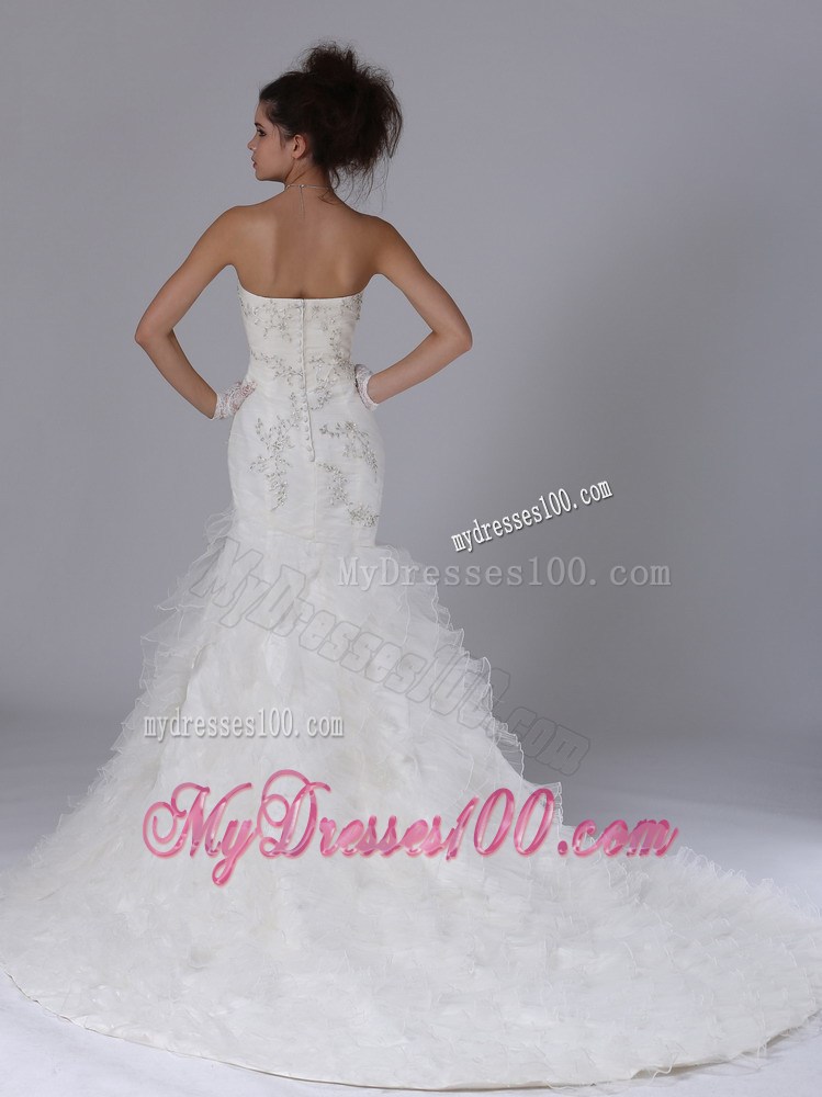 Embroidery with Beadings Decorated Ruffles Court Train Mermaid Wedding Dress