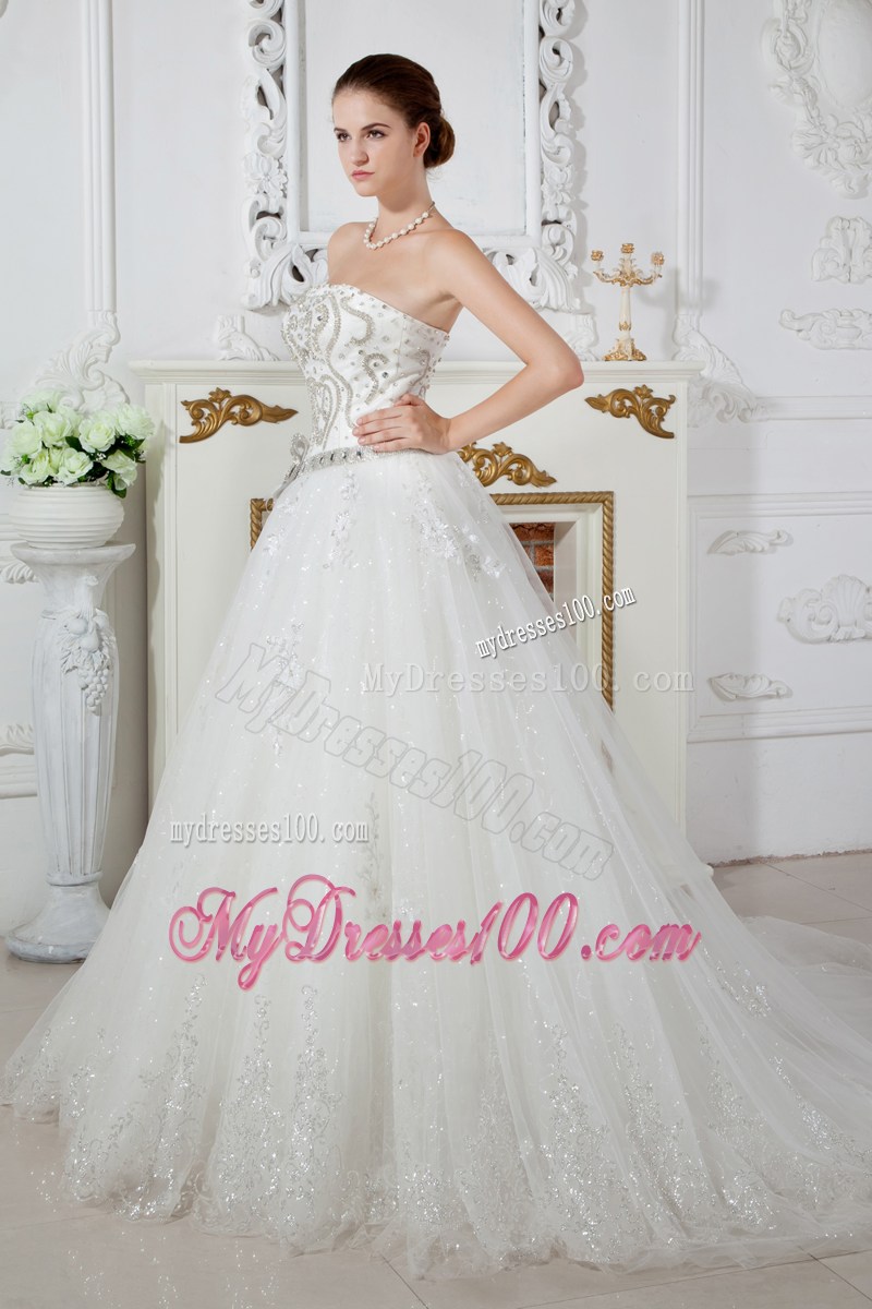 Beading Accent Bust Ivory Tulle Wedding Dresses with Court Train