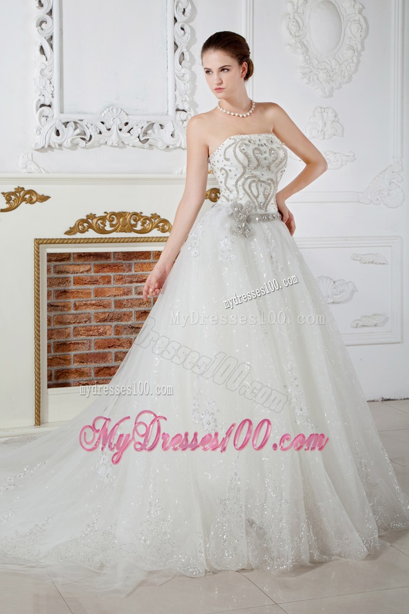 Beading Accent Bust Ivory Tulle Wedding Dresses with Court Train