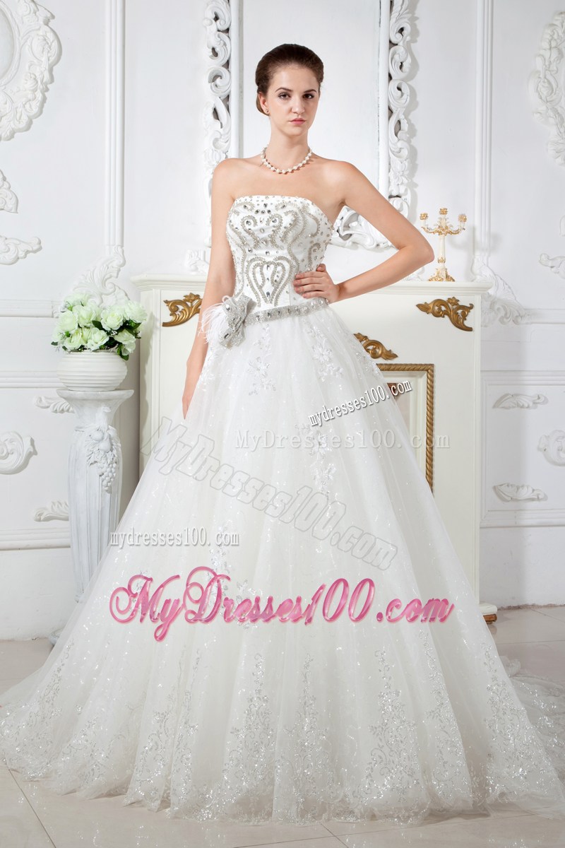 Beading Accent Bust Ivory Tulle Wedding Dresses with Court Train