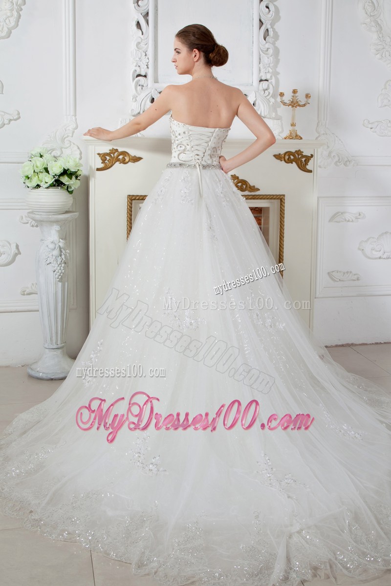 Beading Accent Bust Ivory Tulle Wedding Dresses with Court Train