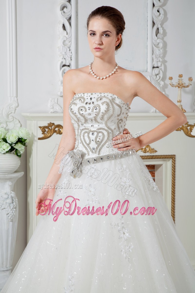 Beading Accent Bust Ivory Tulle Wedding Dresses with Court Train