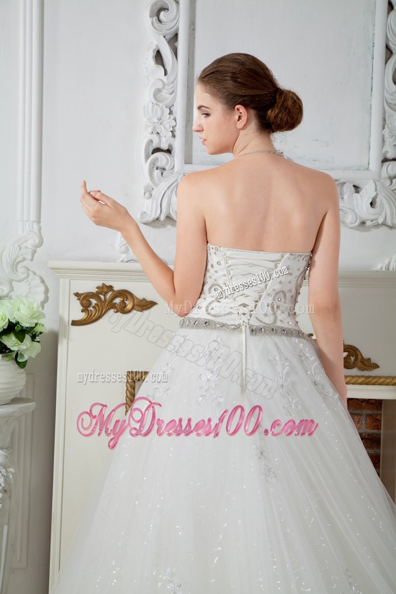 Beading Accent Bust Ivory Tulle Wedding Dresses with Court Train