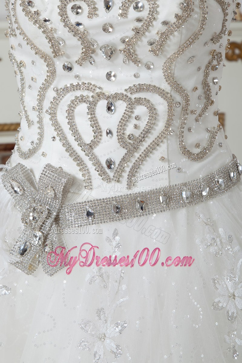 Beading Accent Bust Ivory Tulle Wedding Dresses with Court Train