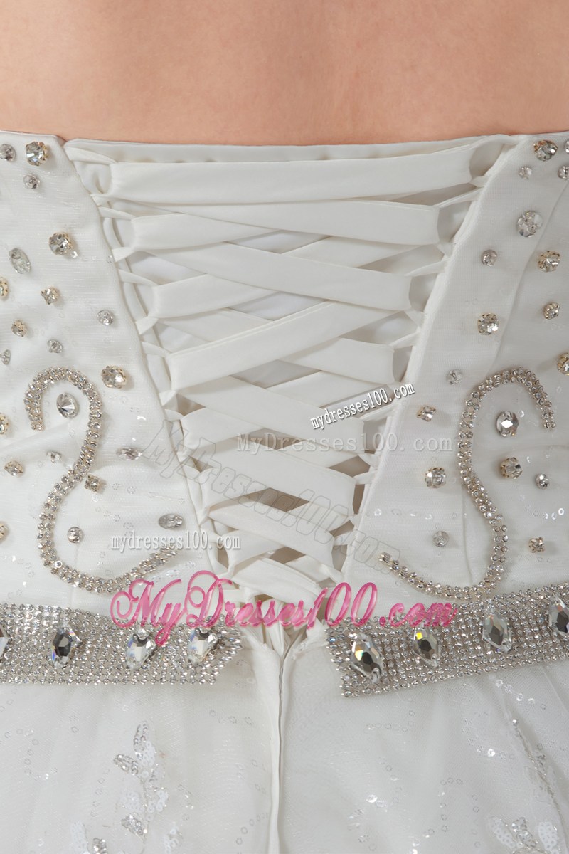 Beading Accent Bust Ivory Tulle Wedding Dresses with Court Train