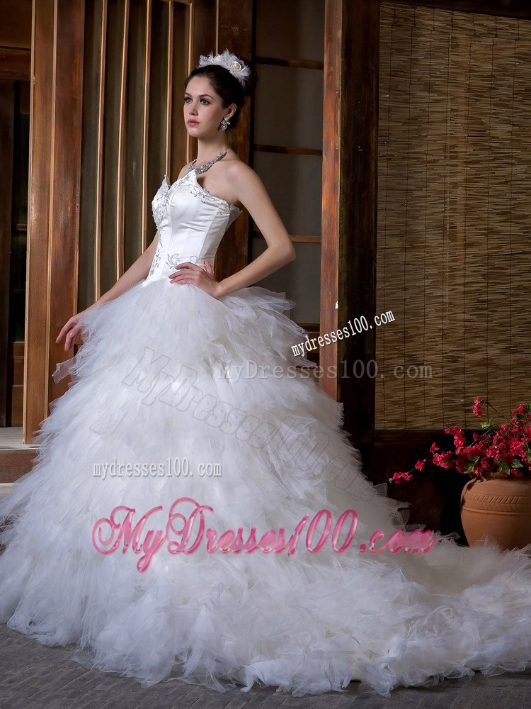 Appliques with Beadings Decorated Ruffled Layers Court Train Wedding Dresses