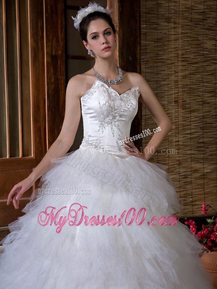 Appliques with Beadings Decorated Ruffled Layers Court Train Wedding Dresses