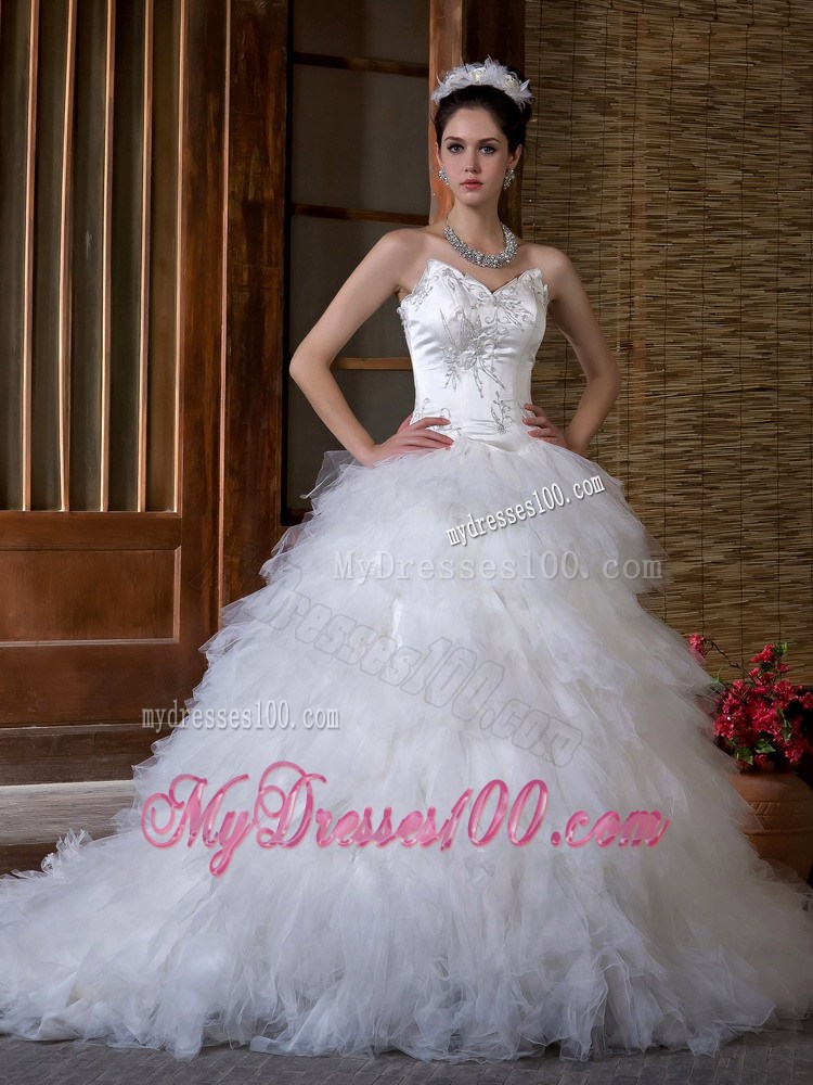 Appliques with Beadings Decorated Ruffled Layers Court Train Wedding Dresses