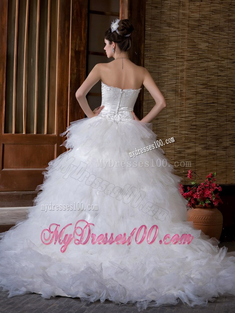Appliques with Beadings Decorated Ruffled Layers Court Train Wedding Dresses