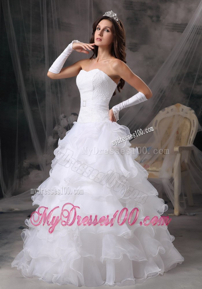 Ruffled Organza Layers Embellish on White Long Wedding Dresses