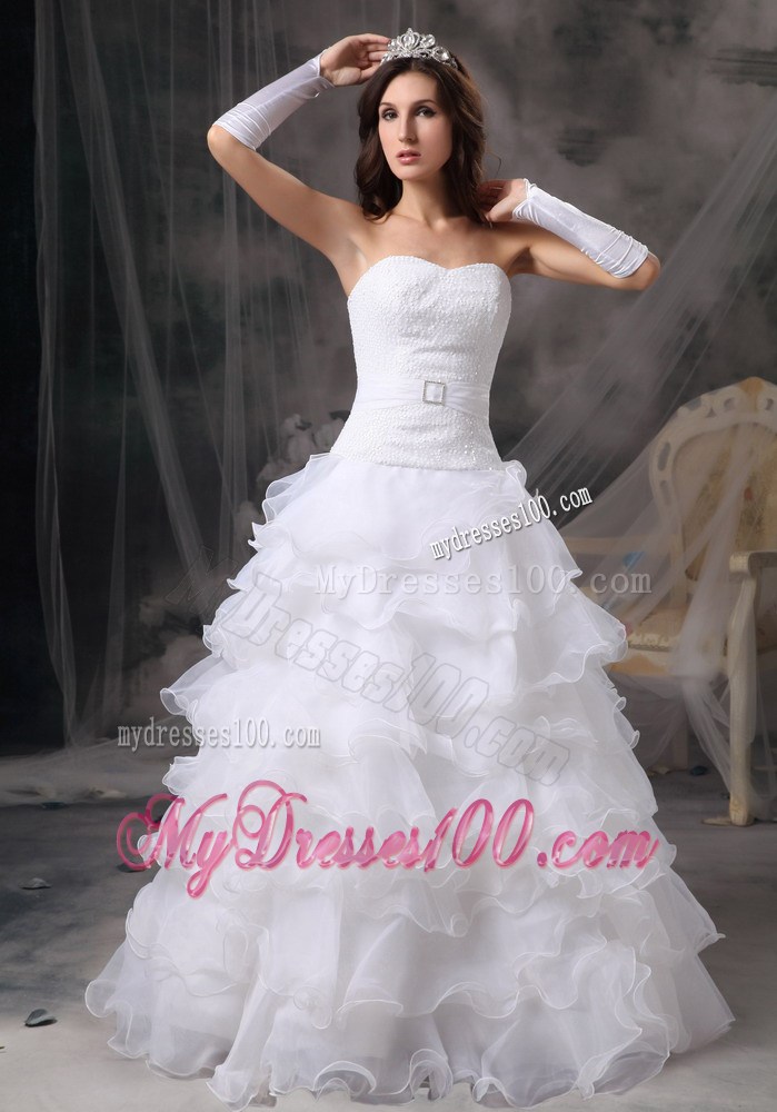 Ruffled Organza Layers Embellish on White Long Wedding Dresses
