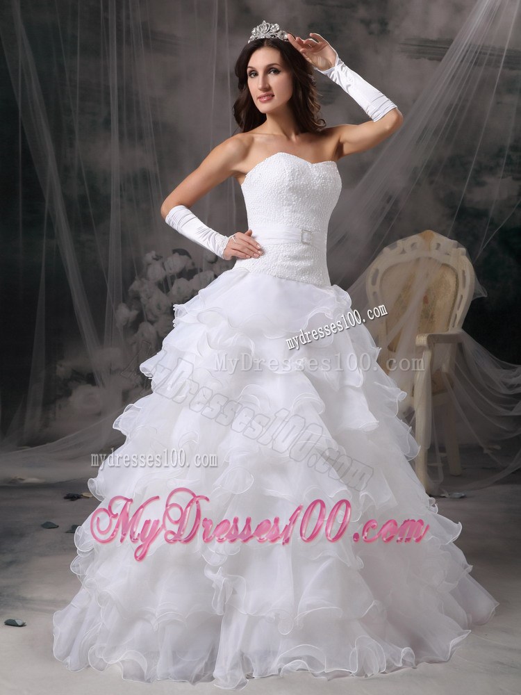 Ruffled Organza Layers Embellish on White Long Wedding Dresses