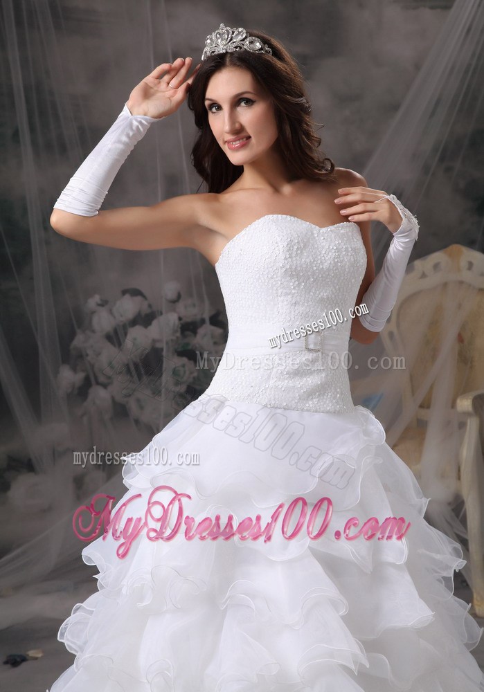 Ruffled Organza Layers Embellish on White Long Wedding Dresses