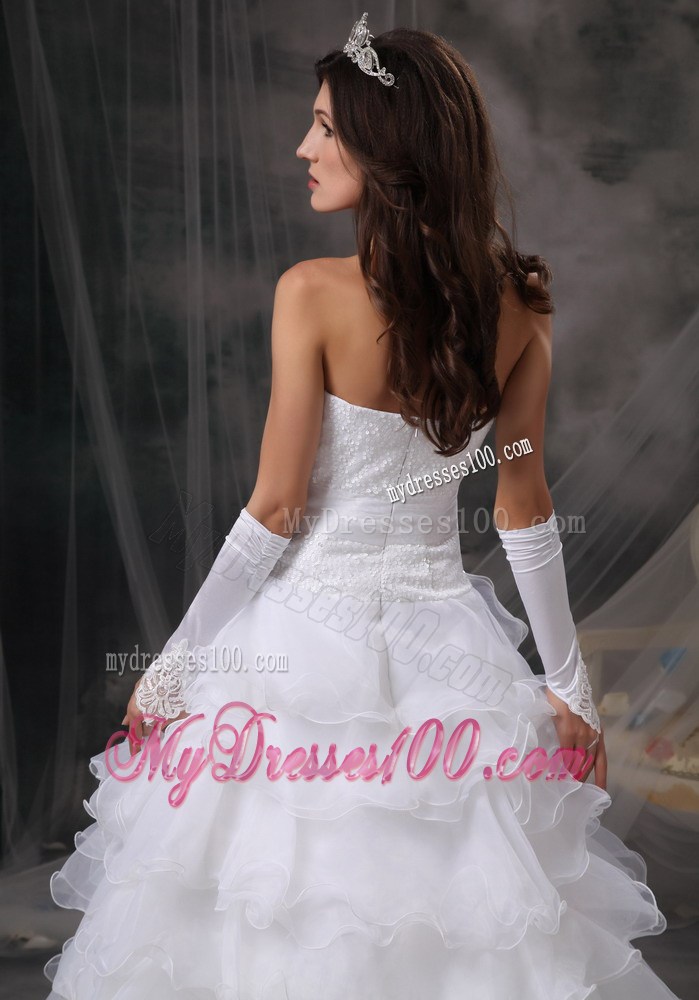 Ruffled Organza Layers Embellish on White Long Wedding Dresses