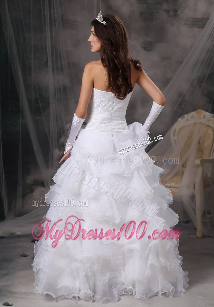 Ruffled Organza Layers Embellish on White Long Wedding Dresses