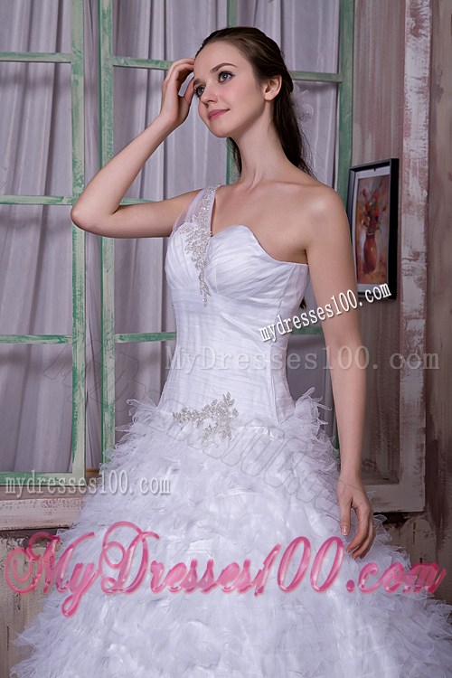 Transparent One Shoulder Appliques Dress for Wedding with Small Ruffles