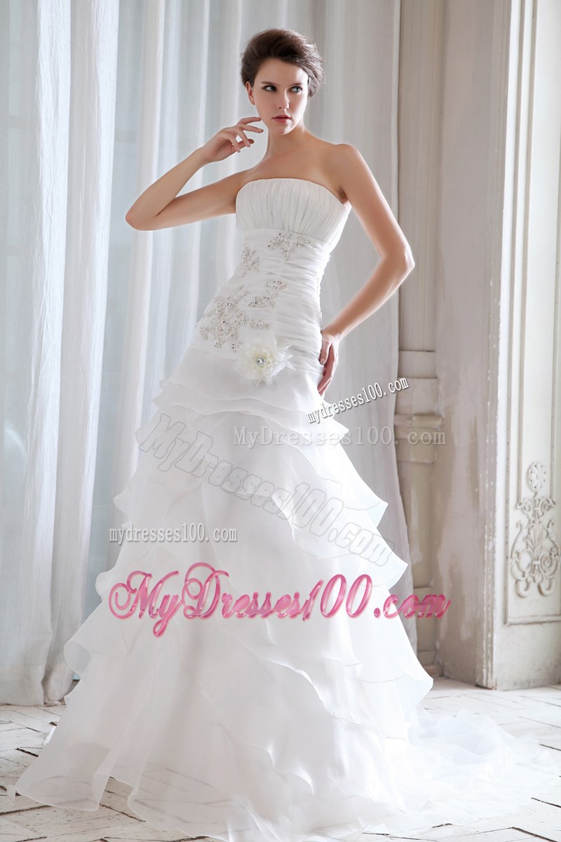 Diamonds Ruche and Handle Flowers Tiers Sweep Train Bridal Dress