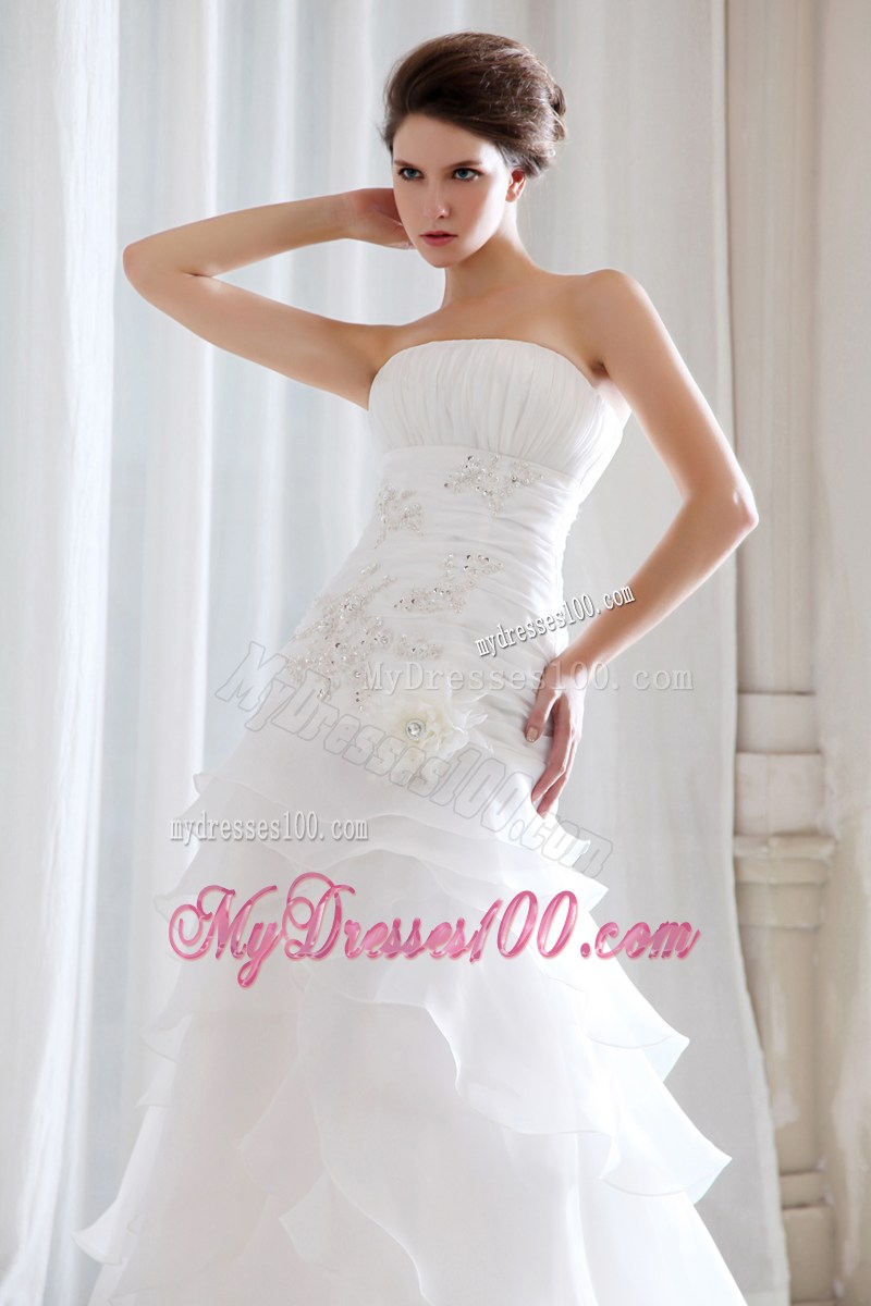 Diamonds Ruche and Handle Flowers Tiers Sweep Train Bridal Dress