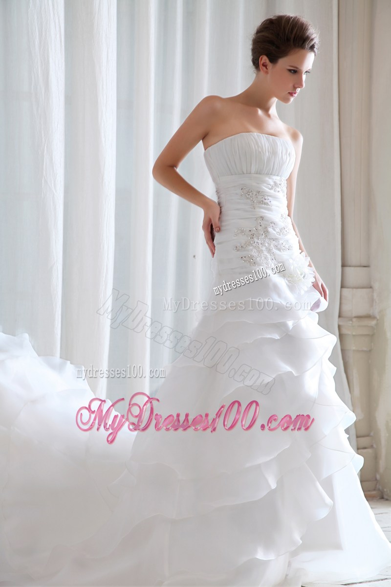 Diamonds Ruche and Handle Flowers Tiers Sweep Train Bridal Dress