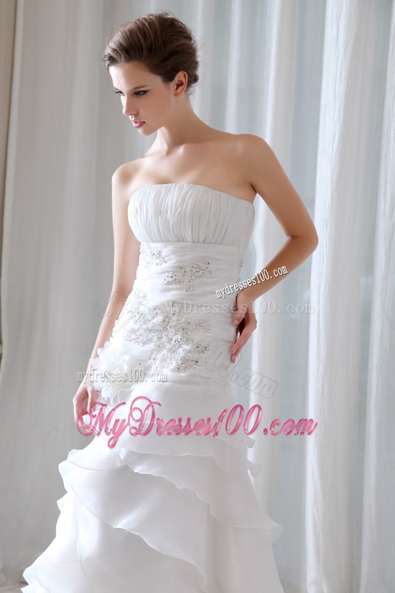 Diamonds Ruche and Handle Flowers Tiers Sweep Train Bridal Dress