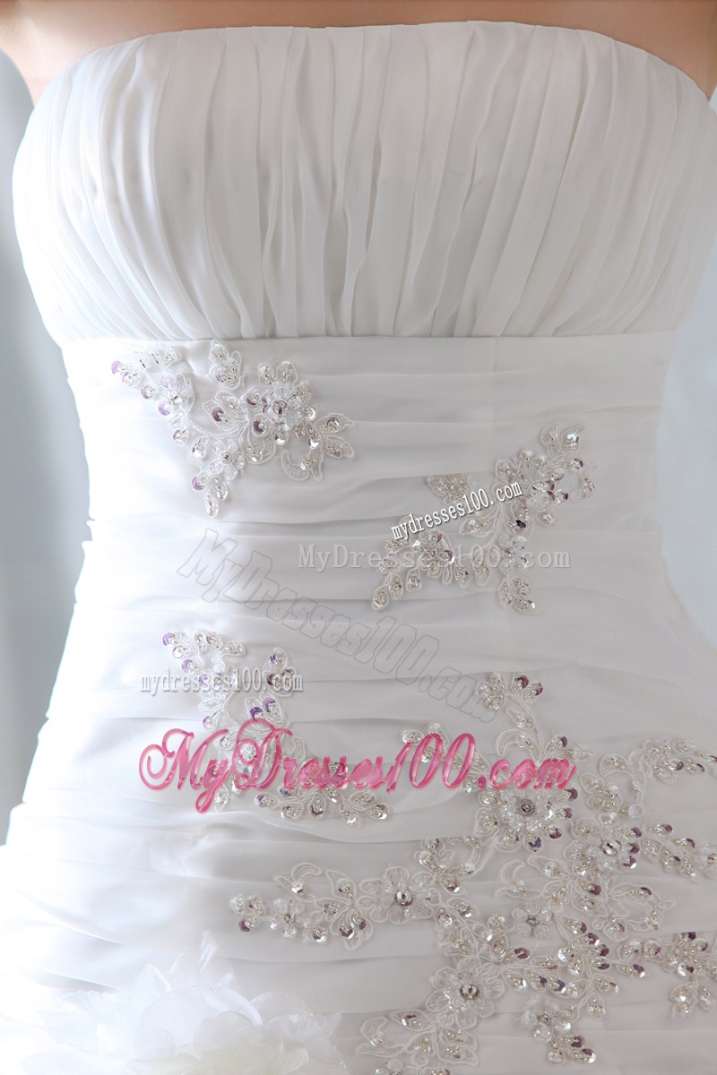 Diamonds Ruche and Handle Flowers Tiers Sweep Train Bridal Dress
