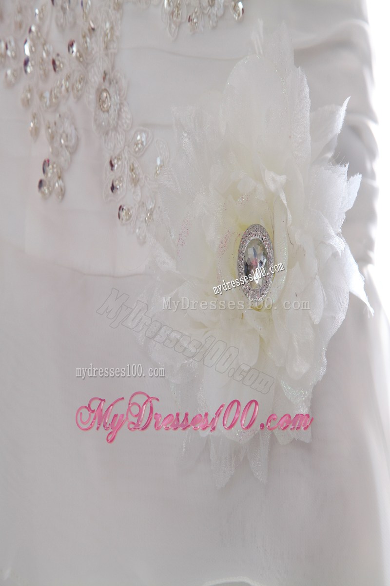 Diamonds Ruche and Handle Flowers Tiers Sweep Train Bridal Dress